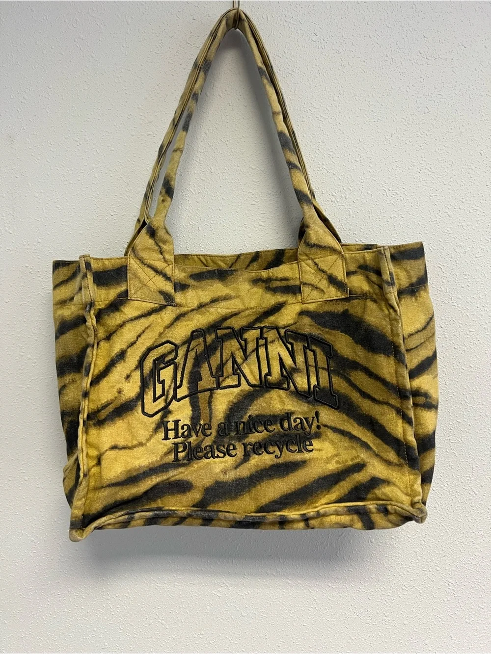Ganni Mustard and Black Tiger Stripe Canvas Tote